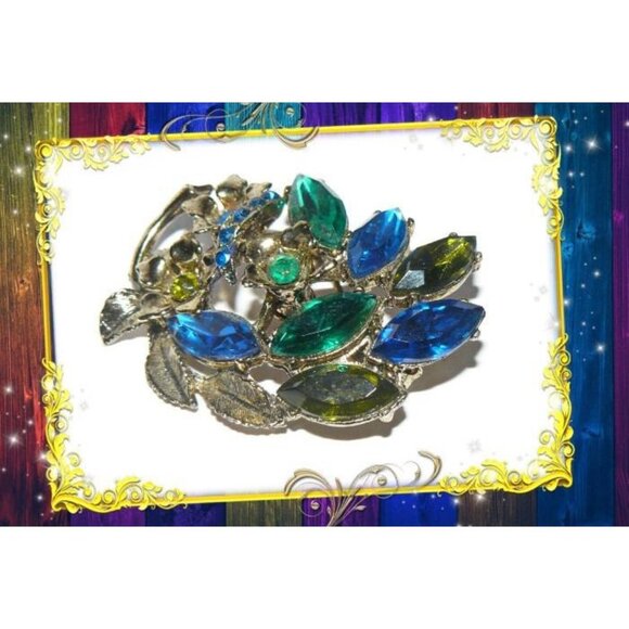 Blue and Green Navette Rhinestone Brooch - Picture 1 of 4